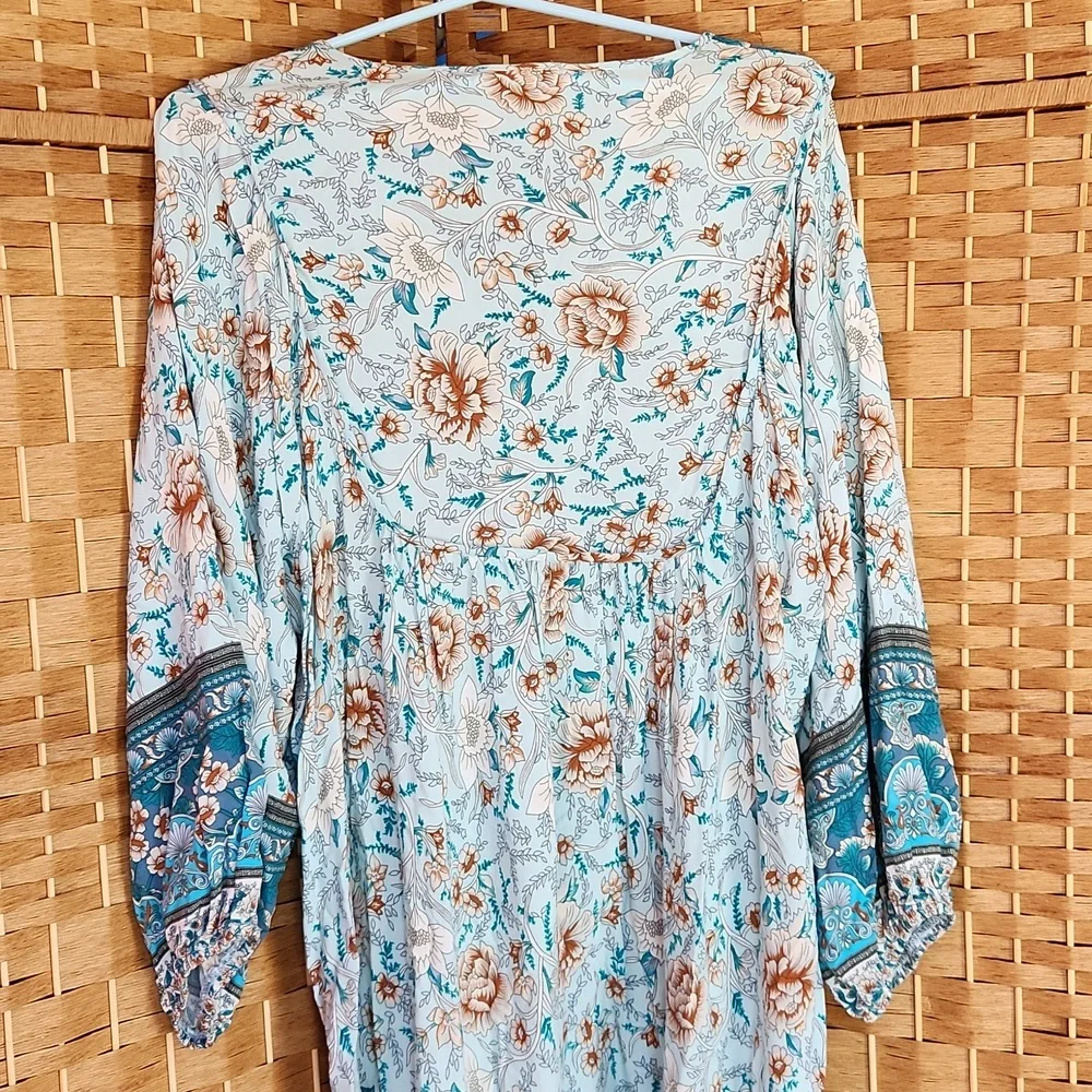 Temofon, Bohemian Teal, Blue, Brown, Floral Fall, Spring Longsleeve Dress Sz XL - Picture 7 of 10